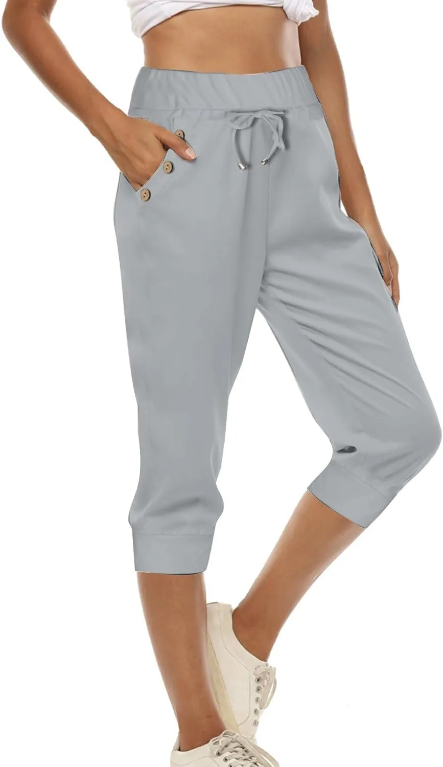 Capri Pants for Women Drawstring High Waisted Lightweight Hiking Joggers Workout Capris Yoga Sweatpants with Pockets