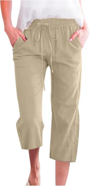Capri Pants Women 2025 Summer Casual Drawstring Elastic Linen Pants Plus Size Straight Leg Cropped Trousers Pockets