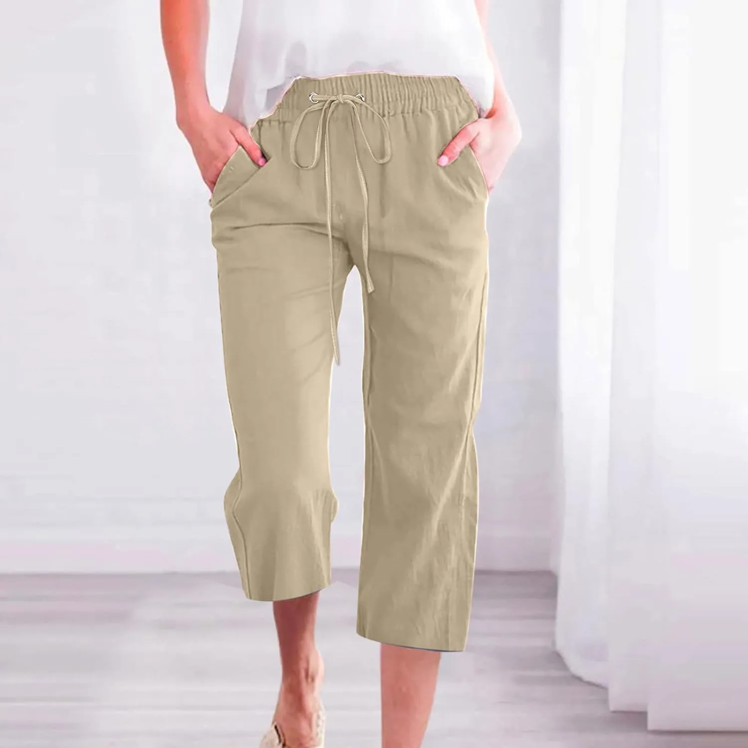 Capri Pants Women 2025 Summer Casual Drawstring Elastic Linen Pants Plus Size Straight Leg Cropped Trousers Pockets
