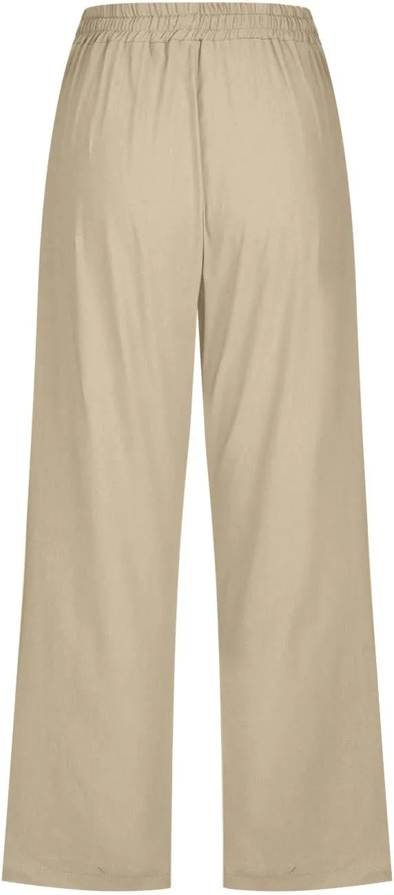 Capri Pants Women 2025 Summer Casual Drawstring Elastic Linen Pants Plus Size Straight Leg Cropped Trousers Pockets