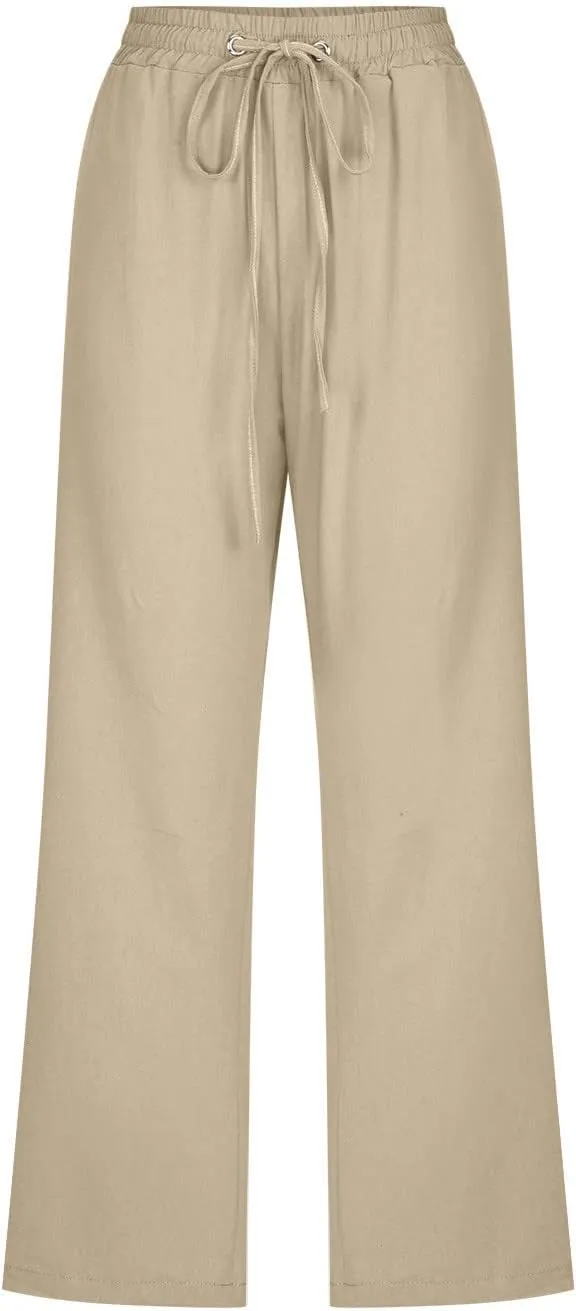 Capri Pants Women 2025 Summer Casual Drawstring Elastic Linen Pants Plus Size Straight Leg Cropped Trousers Pockets