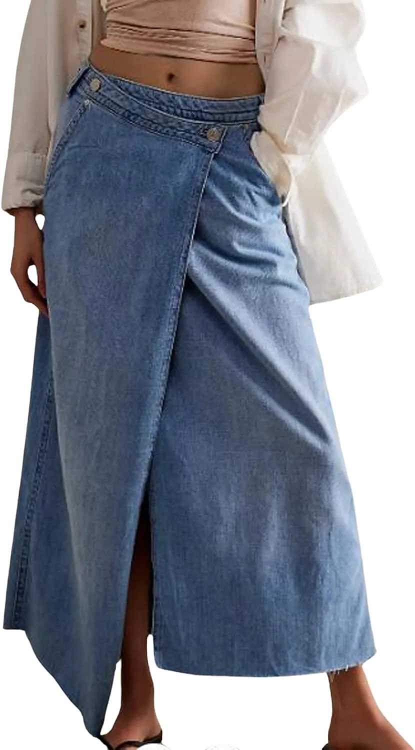 CHARTOU Women's Wrap Denim Midi Skirt A Line Long Jean Skirt Flowy Slit Mid Waist Cargo Skirts with Pockets