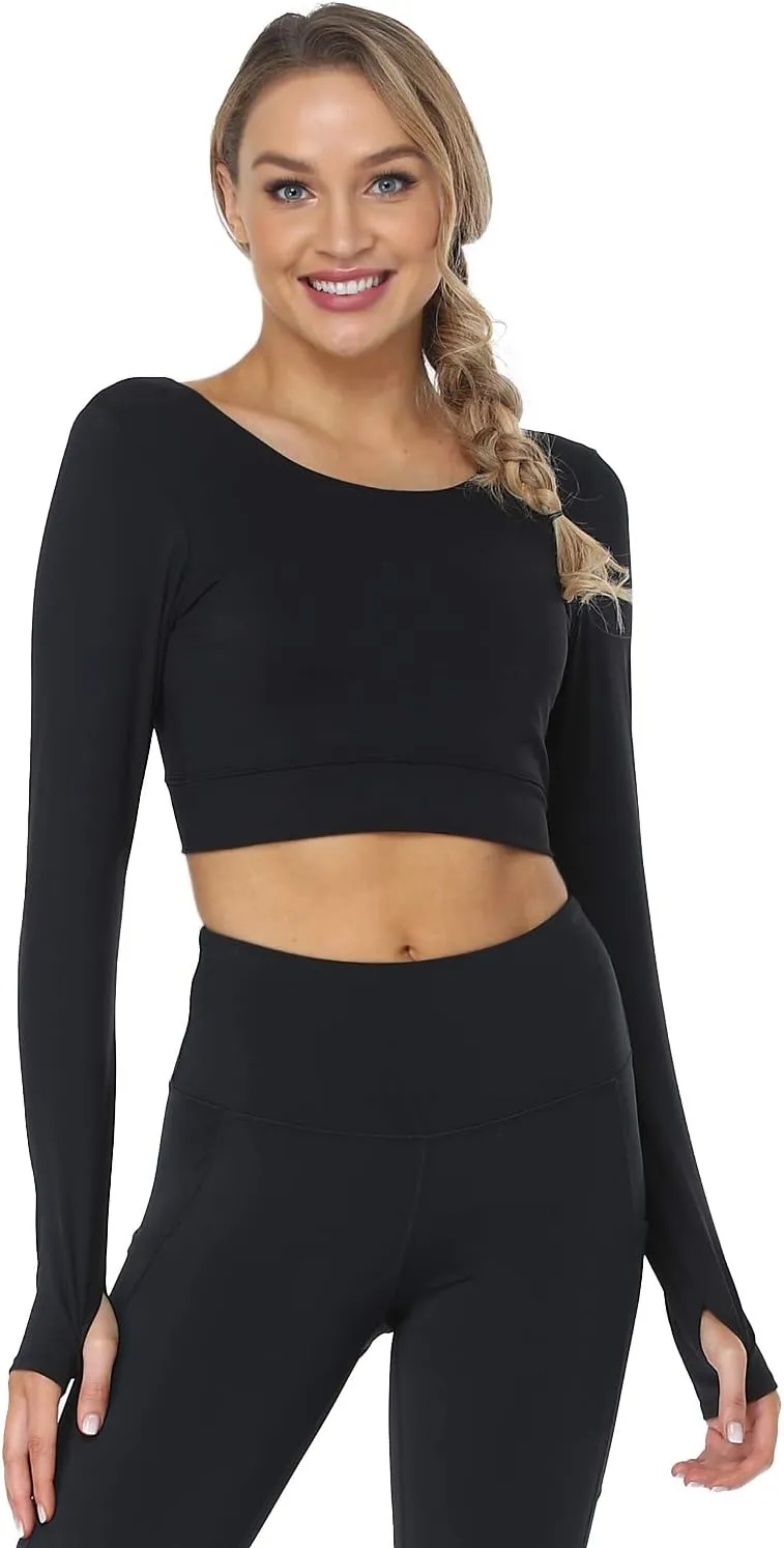 Cordaw Women Long Sleeve Ballet Crop Top Workout Dance Tops Cropped Sweater Gym Athletic Shirts Build in Bra with Thumbholes