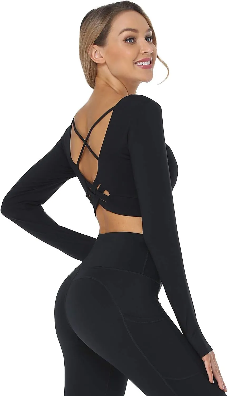 Cordaw Women Long Sleeve Ballet Crop Top Workout Dance Tops Cropped Sweater Gym Athletic Shirts Build in Bra with Thumbholes