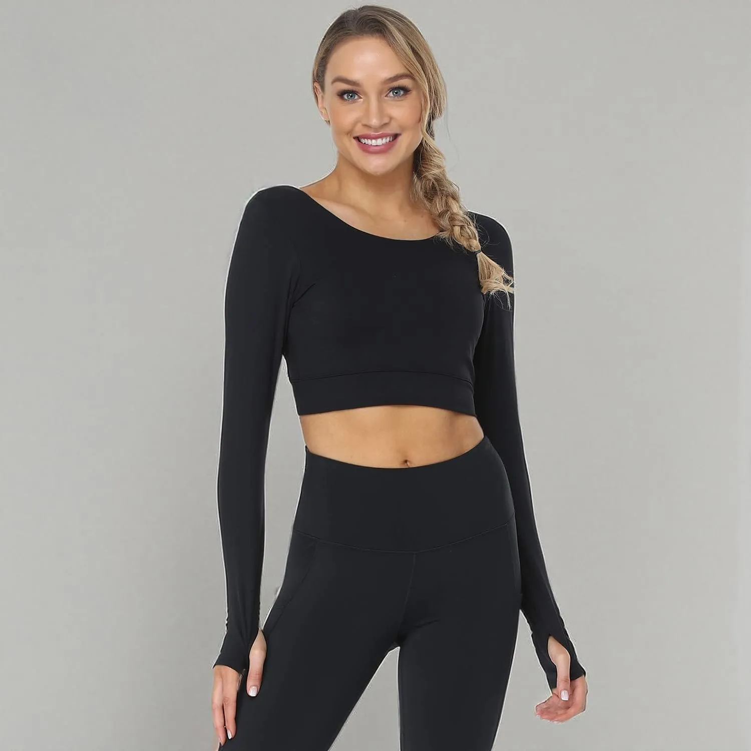 Cordaw Women Long Sleeve Ballet Crop Top Workout Dance Tops Cropped Sweater Gym Athletic Shirts Build in Bra with Thumbholes