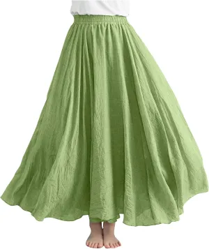 Cotton Linen Maxi Skirt for Women High Waist Flowy Beach Long SkirtsSolid Color Boho Casual Elastic Waist Summer Style
