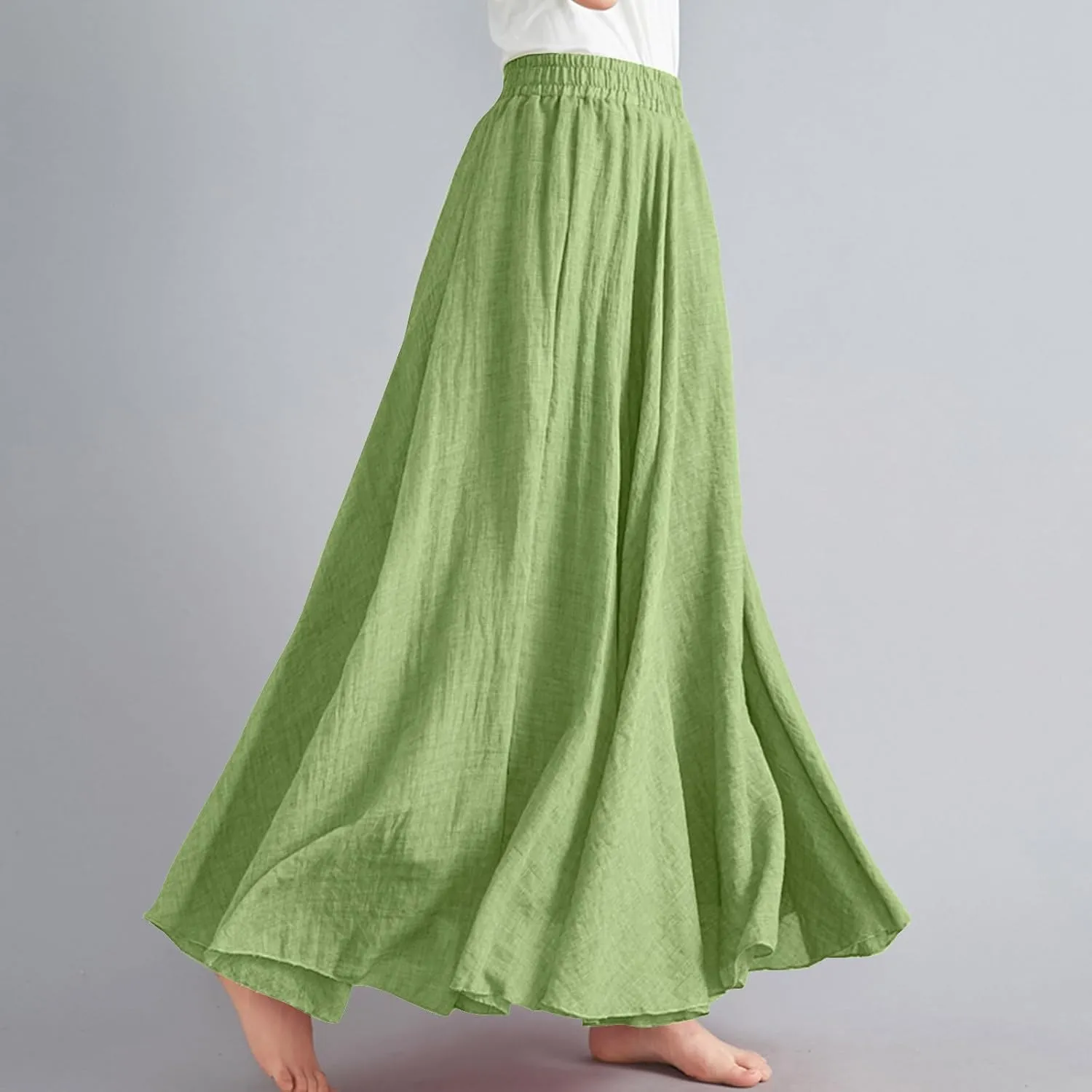 Cotton Linen Maxi Skirt for Women High Waist Flowy Beach Long SkirtsSolid Color Boho Casual Elastic Waist Summer Style