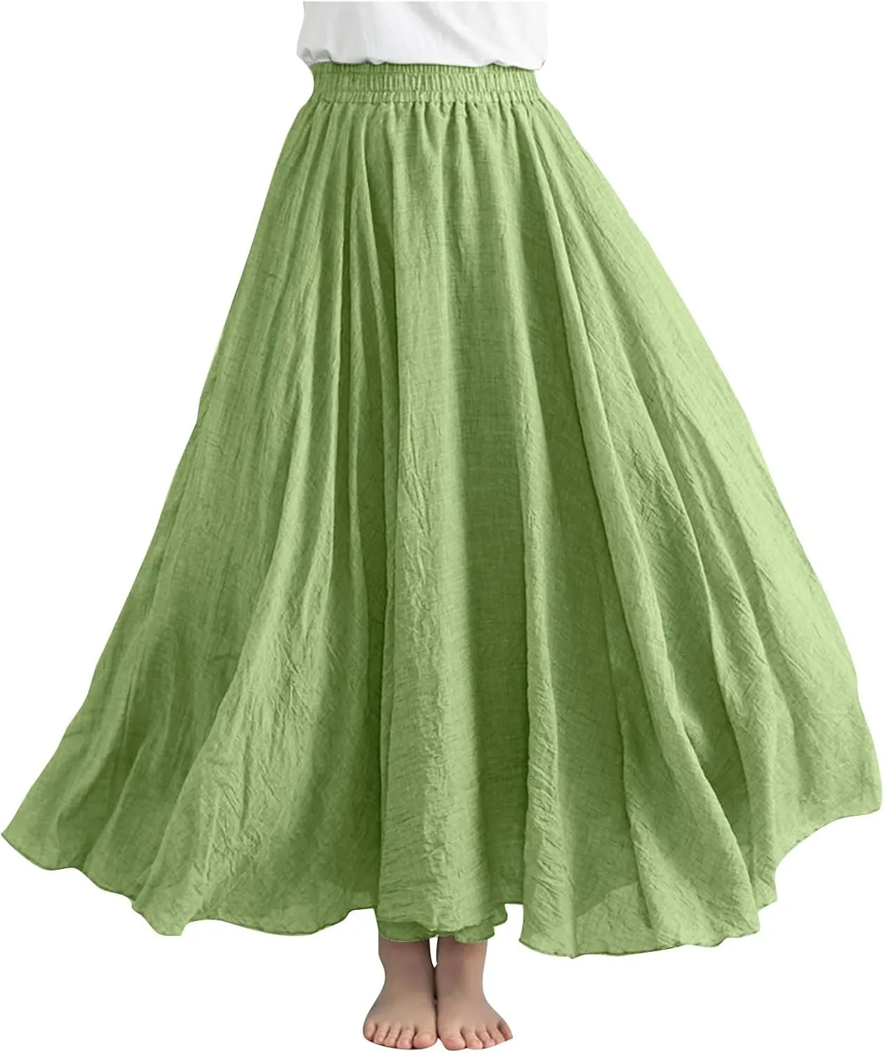 Cotton Linen Maxi Skirt for Women High Waist Flowy Beach Long SkirtsSolid Color Boho Casual Elastic Waist Summer Style