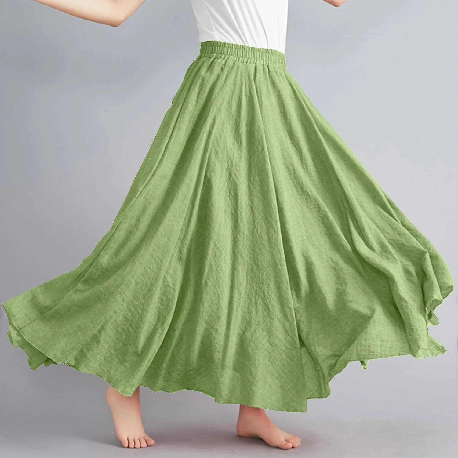 Cotton Linen Maxi Skirt for Women High Waist Flowy Beach Long SkirtsSolid Color Boho Casual Elastic Waist Summer Style
