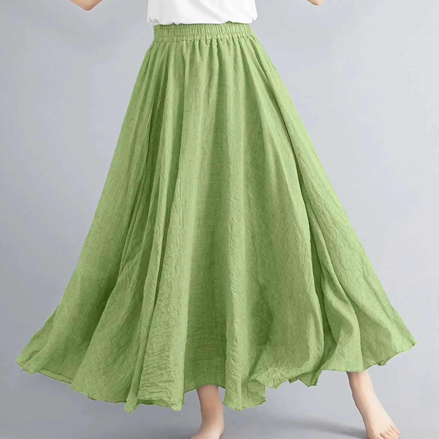 Cotton Linen Maxi Skirt for Women High Waist Flowy Beach Long SkirtsSolid Color Boho Casual Elastic Waist Summer Style