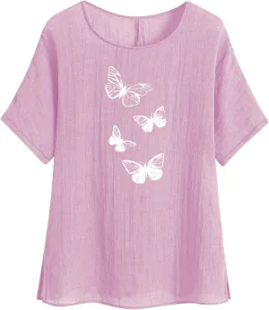 Cotton Linen Tops for Women Crewneck Short Sleeve Tshirt Butterfly Graphic Tee Oversized Casual Loose Fit Blouse