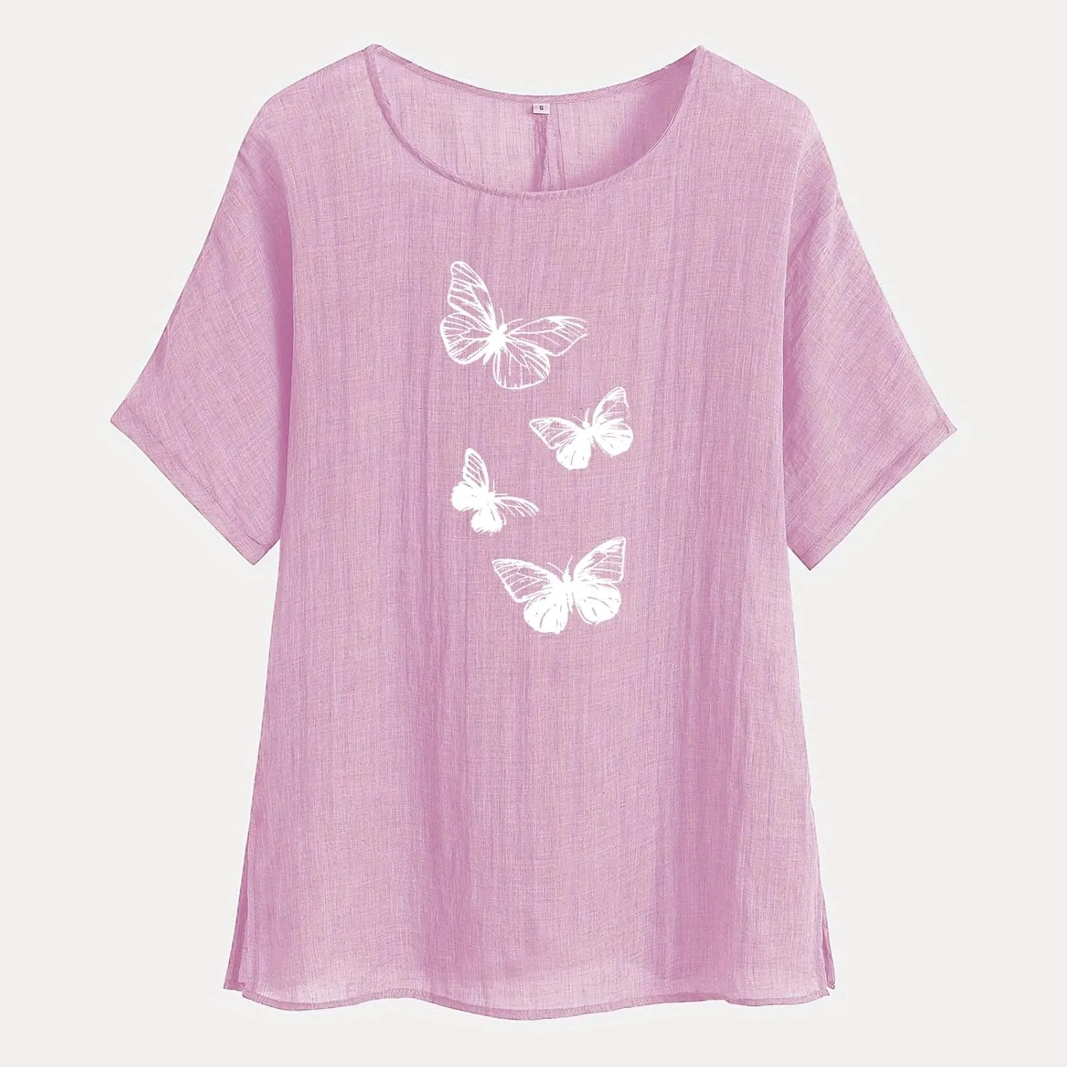 Cotton Linen Tops for Women Crewneck Short Sleeve Tshirt Butterfly Graphic Tee Oversized Casual Loose Fit Blouse