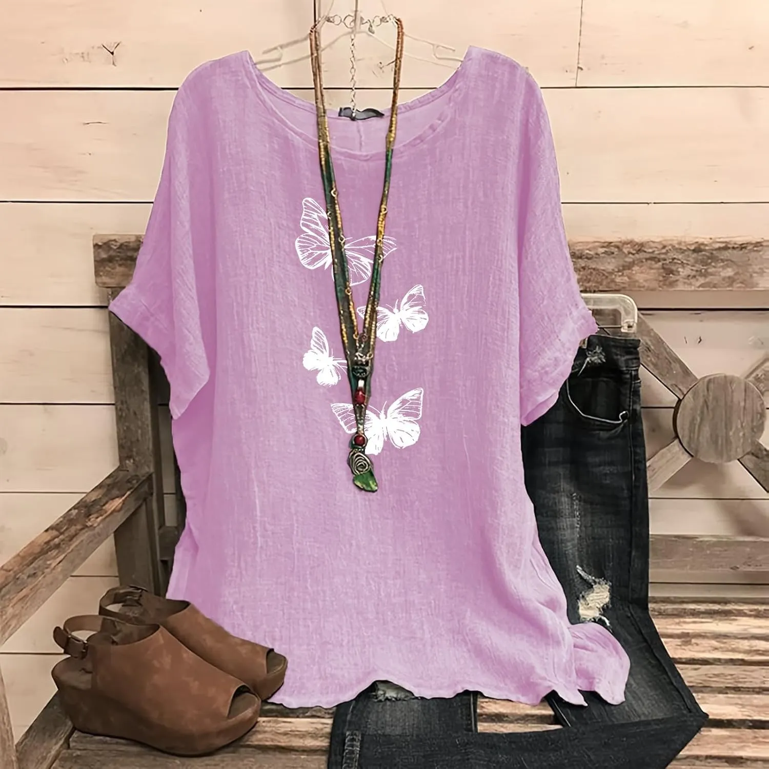 Cotton Linen Tops for Women Crewneck Short Sleeve Tshirt Butterfly Graphic Tee Oversized Casual Loose Fit Blouse