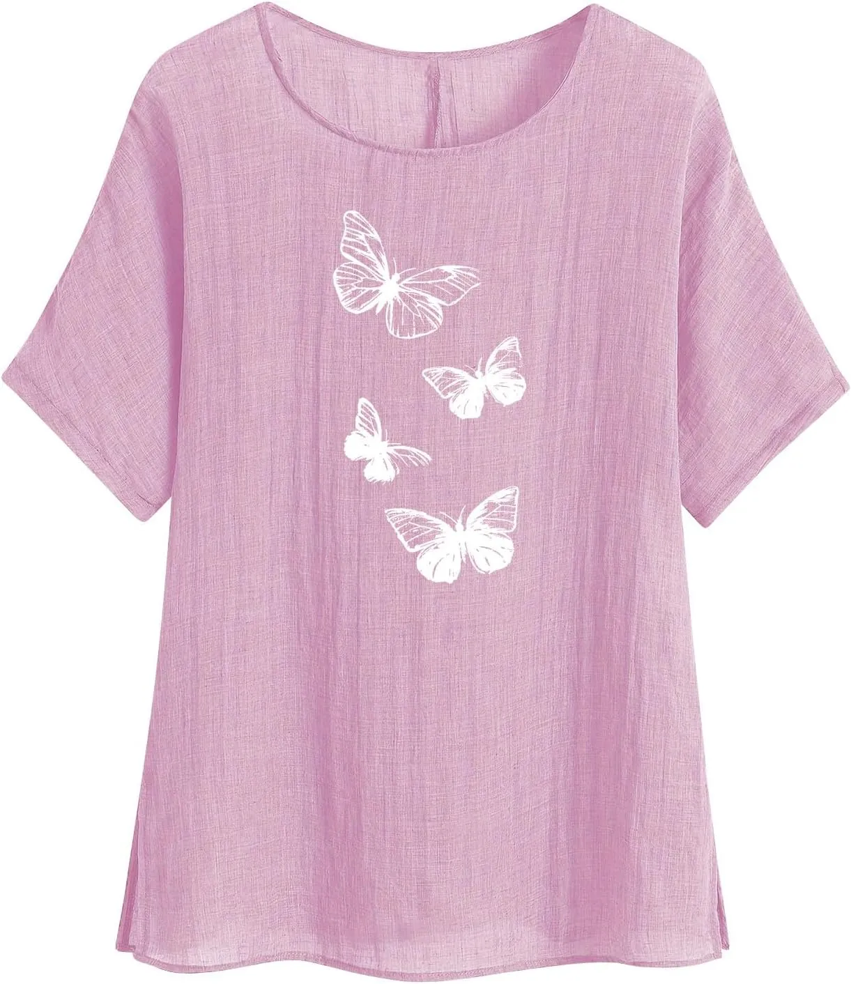 Cotton Linen Tops for Women Crewneck Short Sleeve Tshirt Butterfly Graphic Tee Oversized Casual Loose Fit Blouse