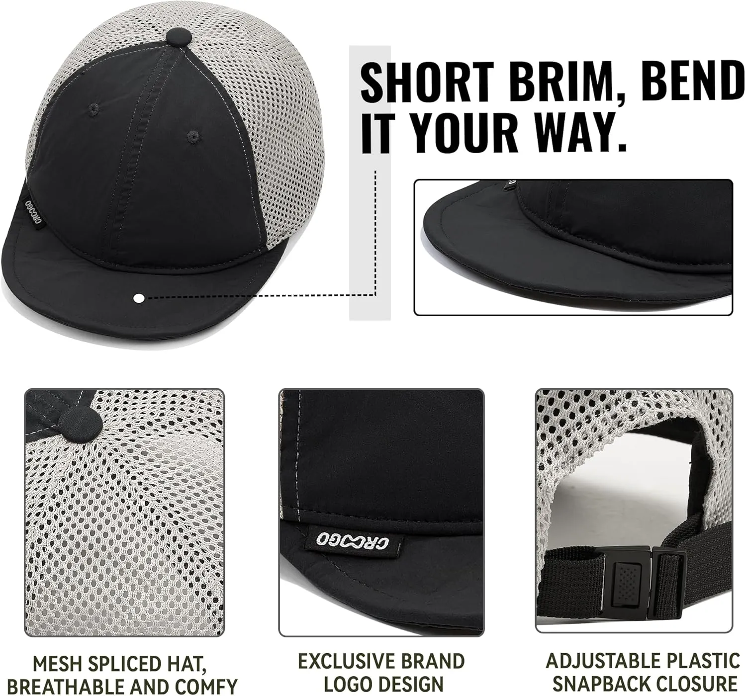 Croogo Breathable Short Brim Baseball Cap Mesh Trucker Hat Soft Flat Bill Dad Hats Lightweight Ultra Thin Sport Sun Cap