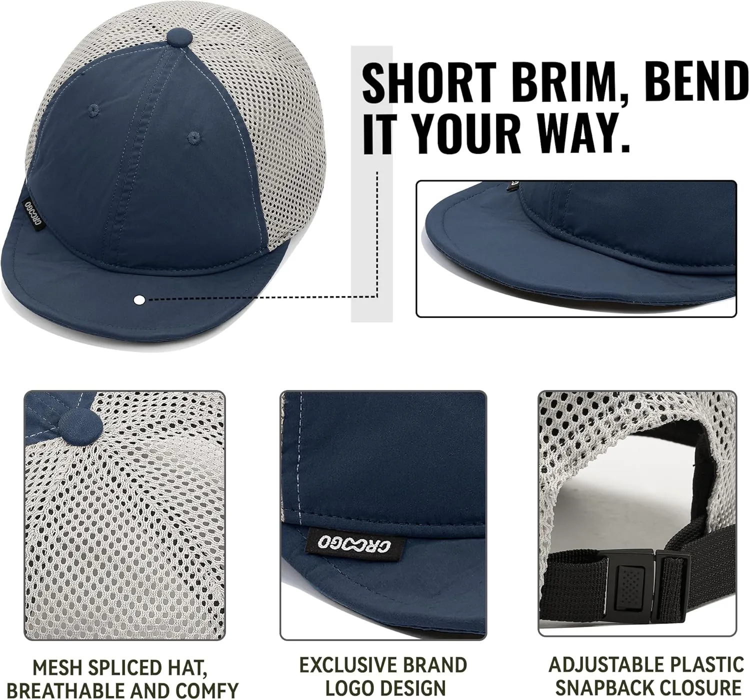 Croogo Breathable Short Brim Baseball Cap Mesh Trucker Hat Soft Flat Bill Dad Hats Lightweight Ultra Thin Sport Sun Cap