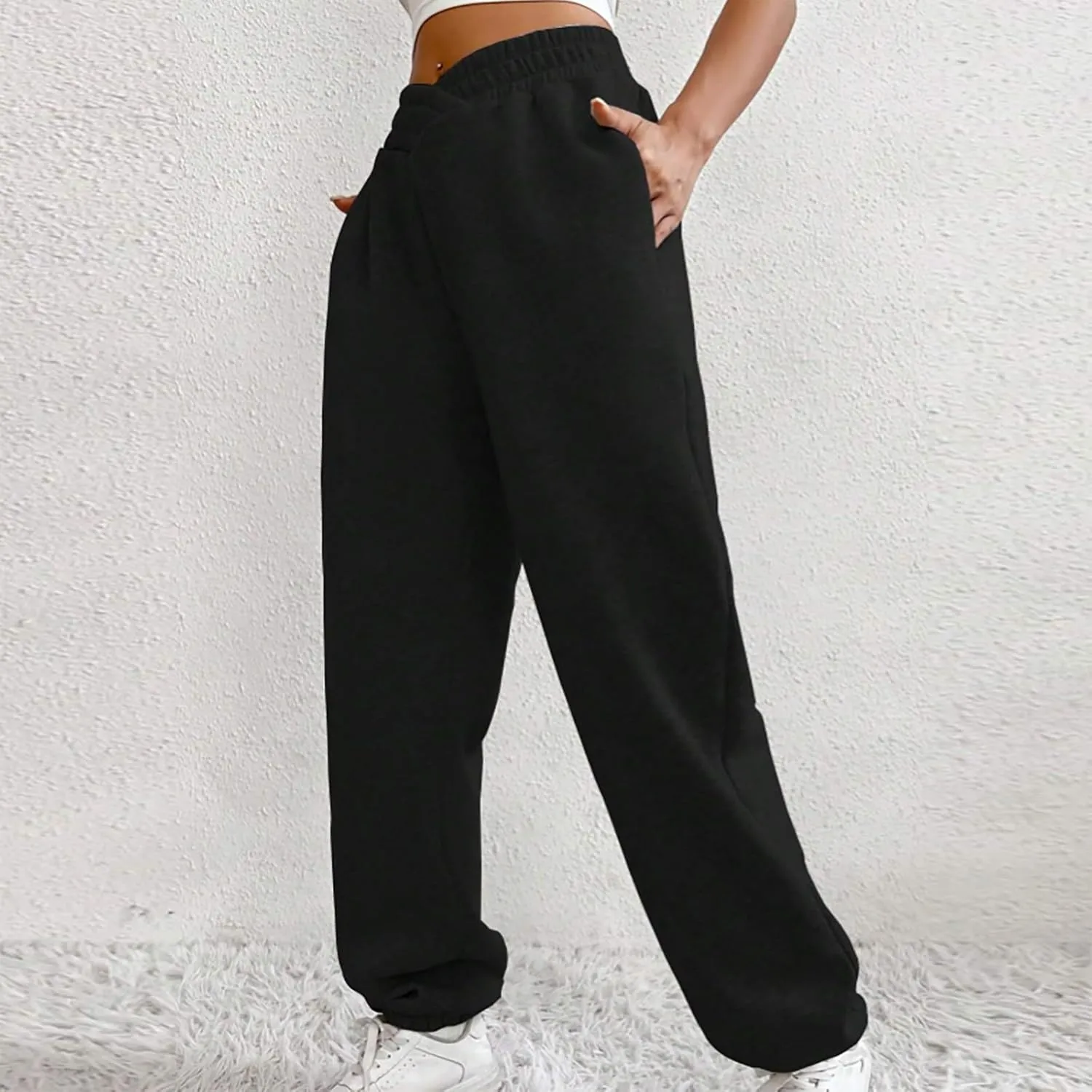 Crossover High Waisted Joggers for Women Athletic Cinch Bottom Straight Leg Sweatpants Elastic Running Pants w/Pockets
