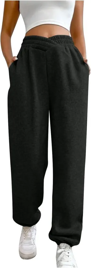 Crossover High Waisted Joggers for Women Athletic Cinch Bottom Straight Leg Sweatpants Elastic Running Pants w/Pockets