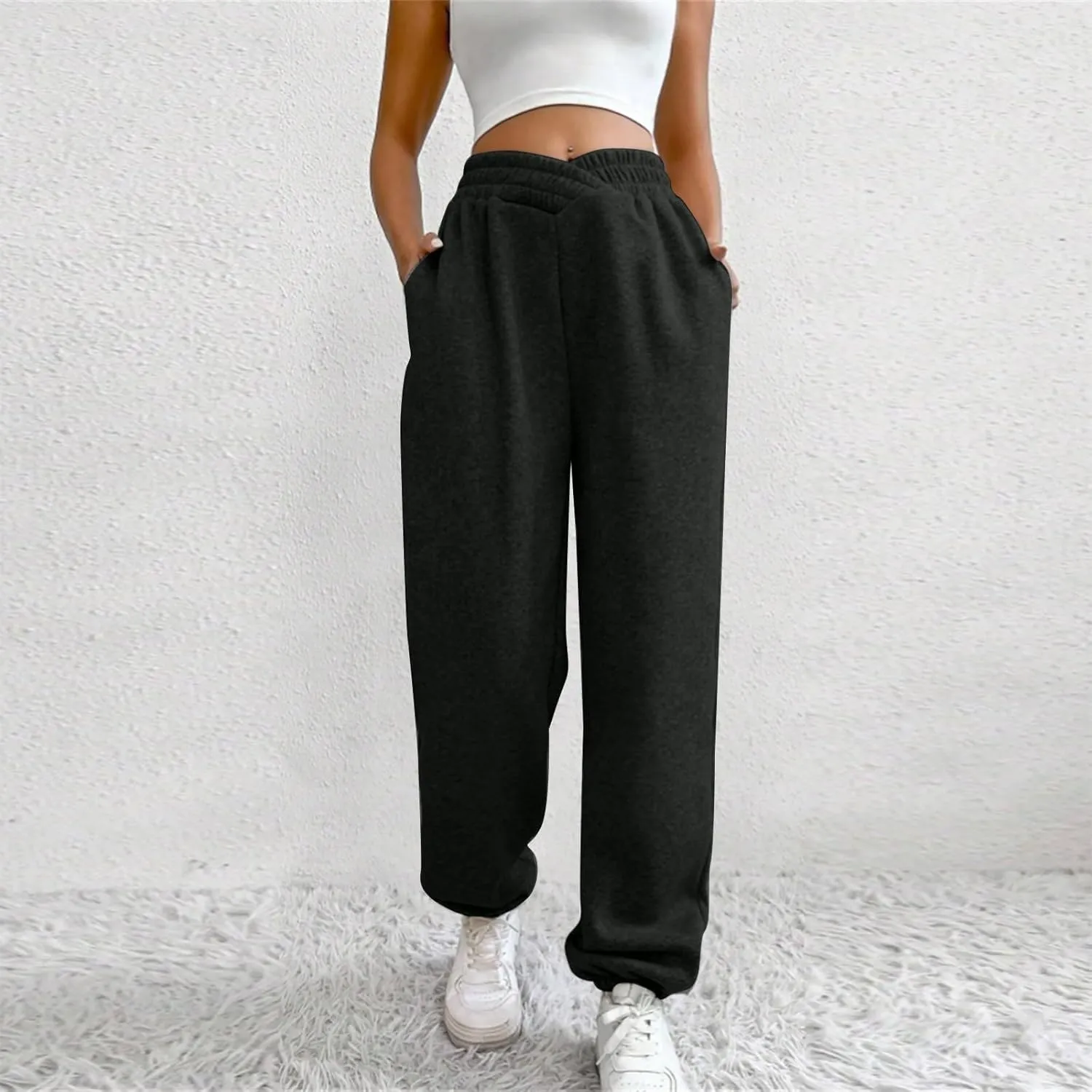 Crossover High Waisted Joggers for Women Athletic Cinch Bottom Straight Leg Sweatpants Elastic Running Pants w/Pockets