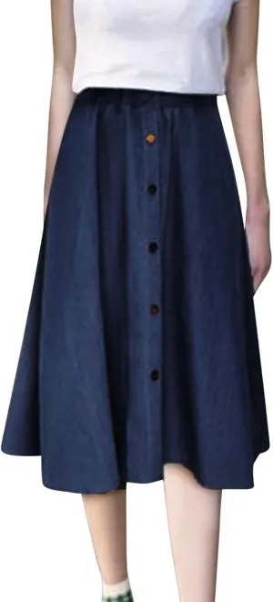 Denim Midi Skirts for Women Summer Casual Elastic High Waisted Buttons Front A-Line Flowy Ruffle Jean Skirt