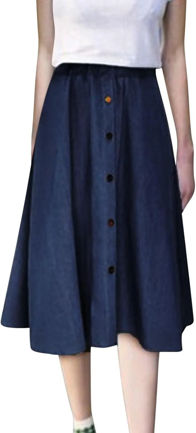 Denim Midi Skirts for Women Summer Casual Elastic High Waisted Buttons Front A-Line Flowy Ruffle Jean Skirt
