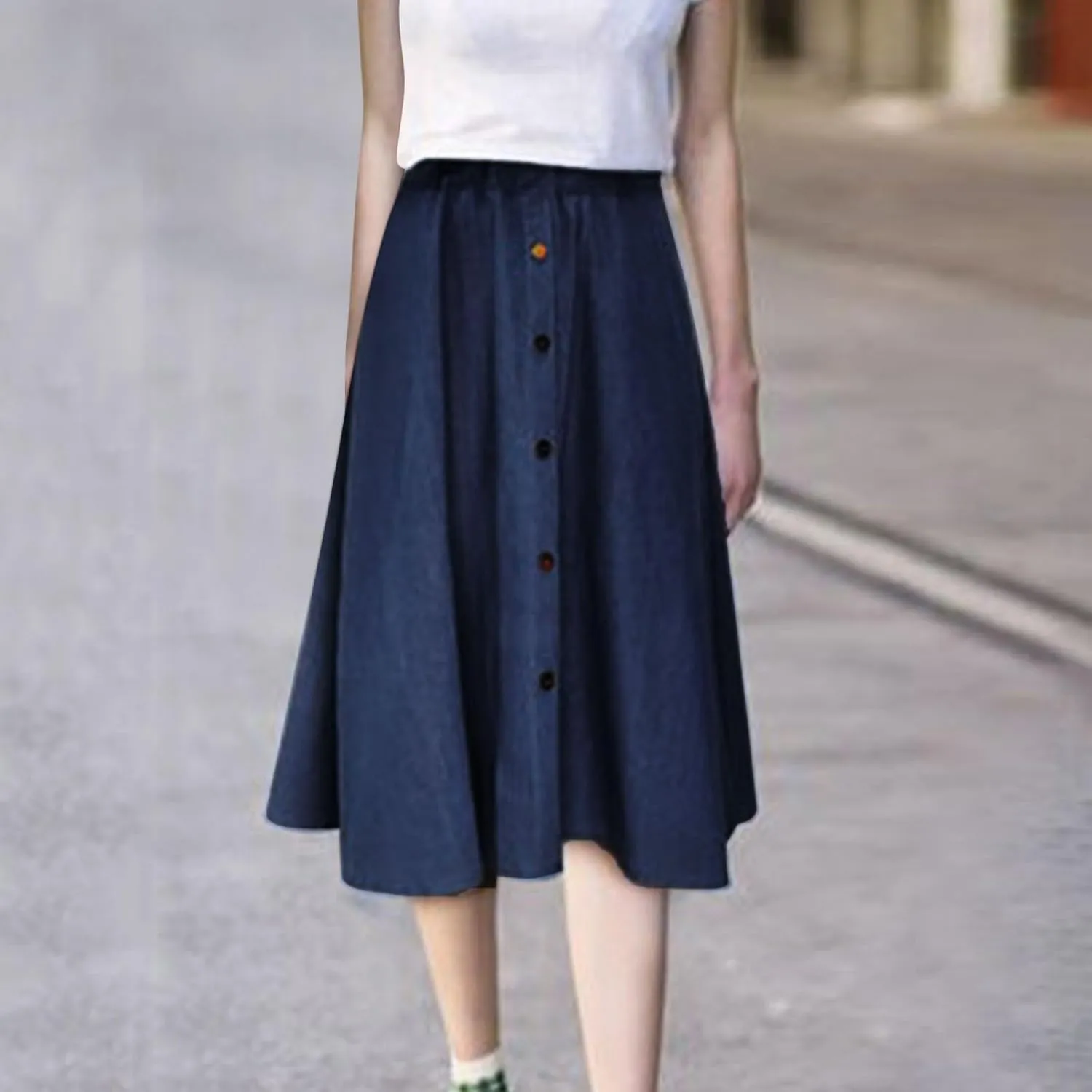 Denim Midi Skirts for Women Summer Casual Elastic High Waisted Buttons Front A-Line Flowy Ruffle Jean Skirt