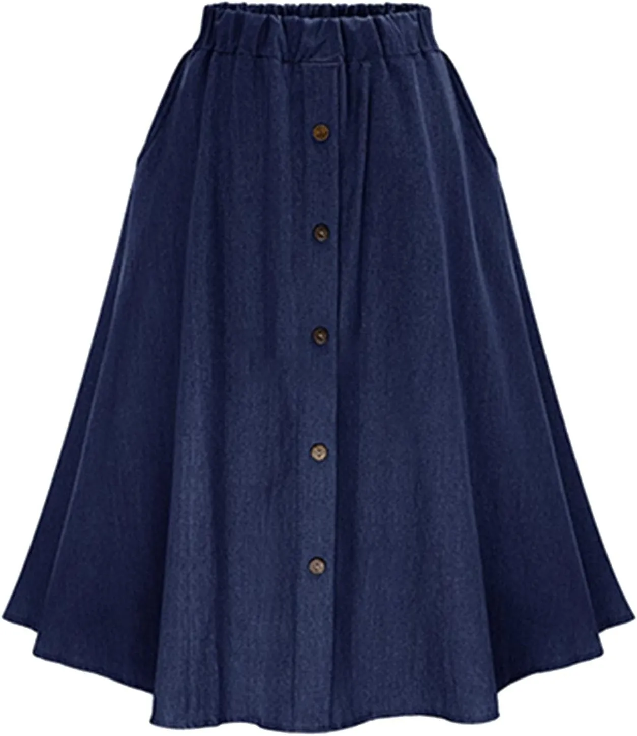 Denim Midi Skirts for Women Summer Casual Elastic High Waisted Buttons Front A-Line Flowy Ruffle Jean Skirt