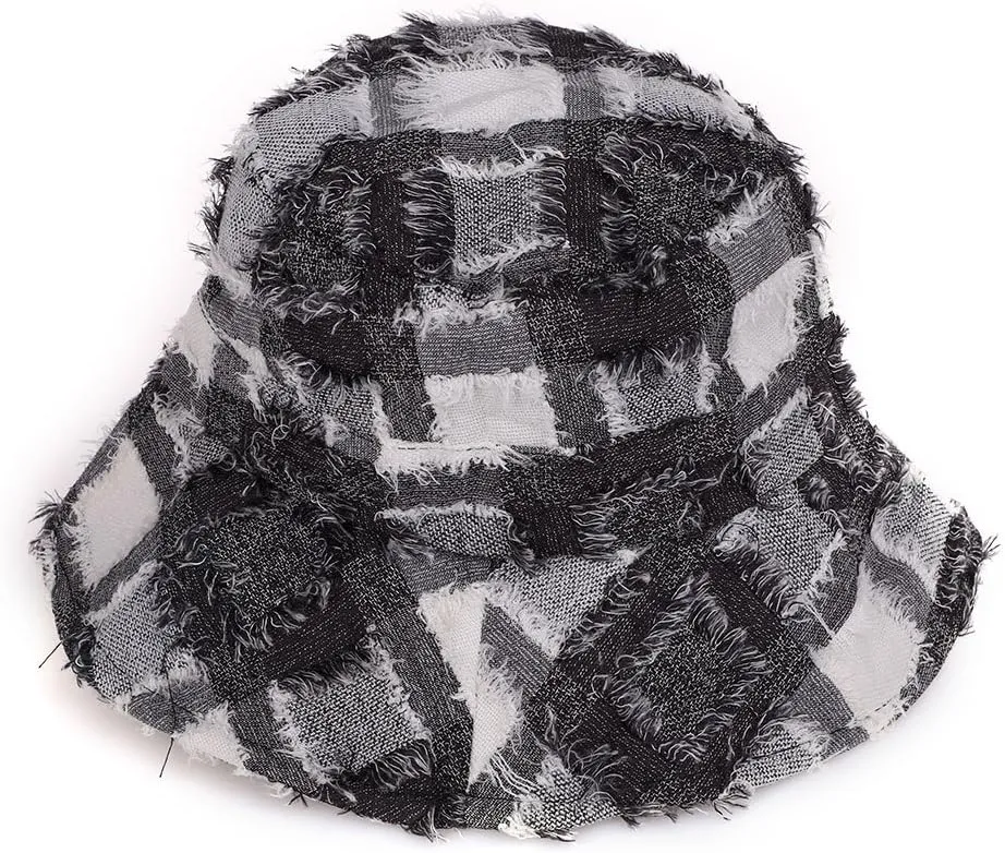 Distressed Denim Frayed Bucket Hats Wide Brim Frayed Edge Patchwork Ripped Beach Sun Hat Summer UPF 50  Fisherman Cap