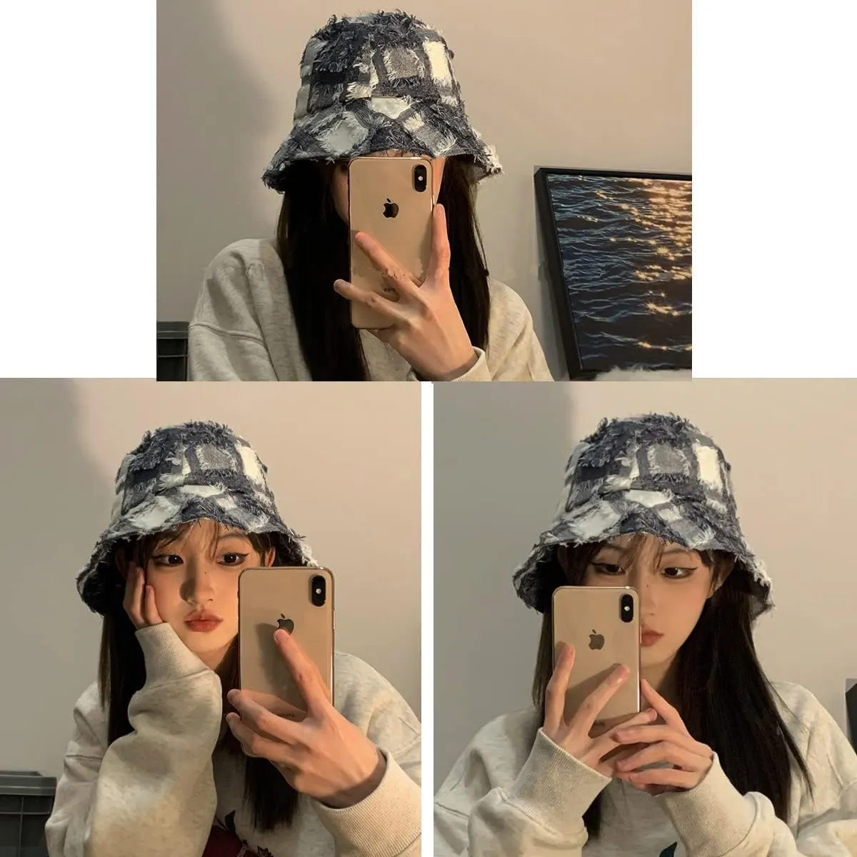 Distressed Denim Frayed Bucket Hats Wide Brim Frayed Edge Patchwork Ripped Beach Sun Hat Summer UPF 50  Fisherman Cap