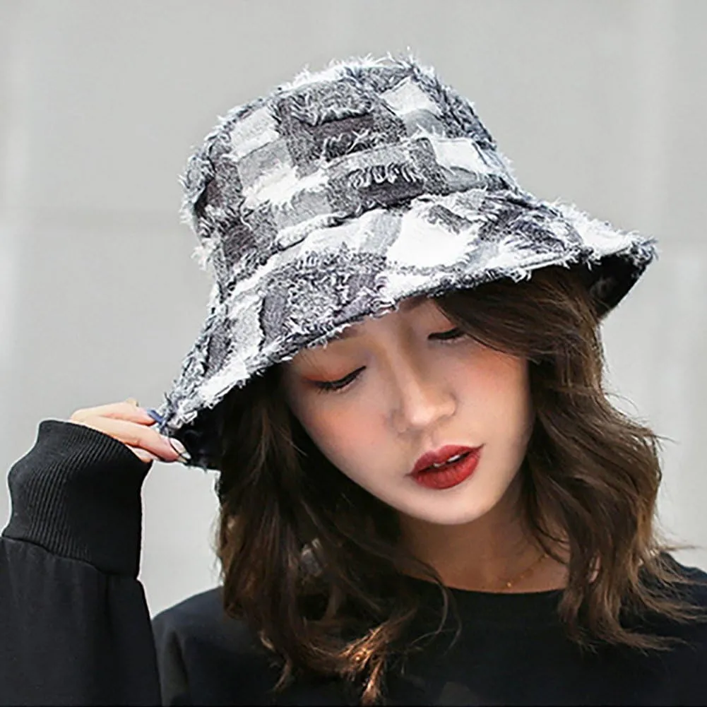 Distressed Denim Frayed Bucket Hats Wide Brim Frayed Edge Patchwork Ripped Beach Sun Hat Summer UPF 50  Fisherman Cap