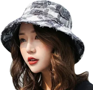 Distressed Denim Frayed Bucket Hats Wide Brim Frayed Edge Patchwork Ripped Beach Sun Hat Summer UPF 50  Fisherman Cap