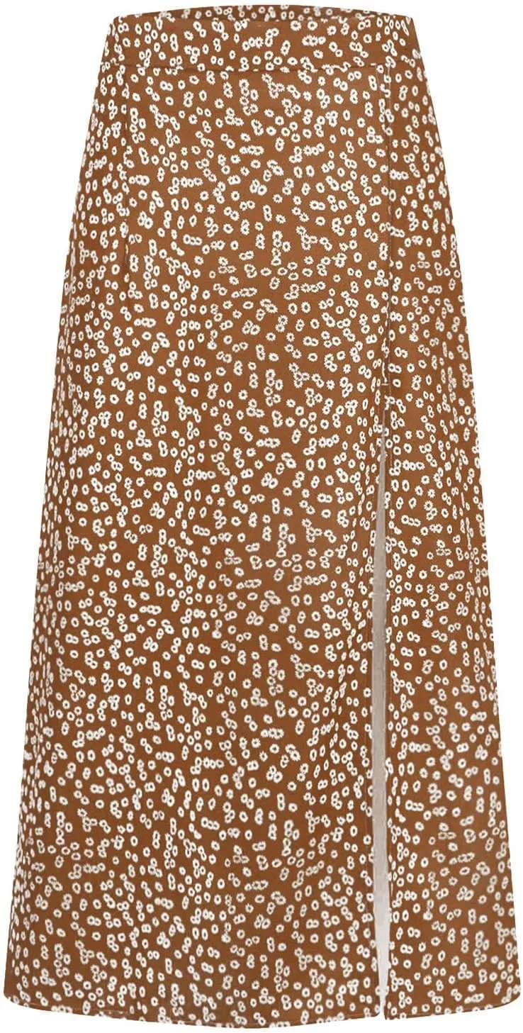 Ditsy Floral Boho Skirt for Women with Slit Summer High Waisted Flowy Midi Skirt Casual A-Line Split Beach Skirt