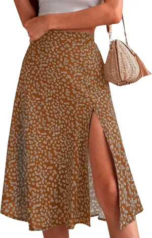 Ditsy Floral Boho Skirt for Women with Slit Summer High Waisted Flowy Midi Skirt Casual A-Line Split Beach Skirt
