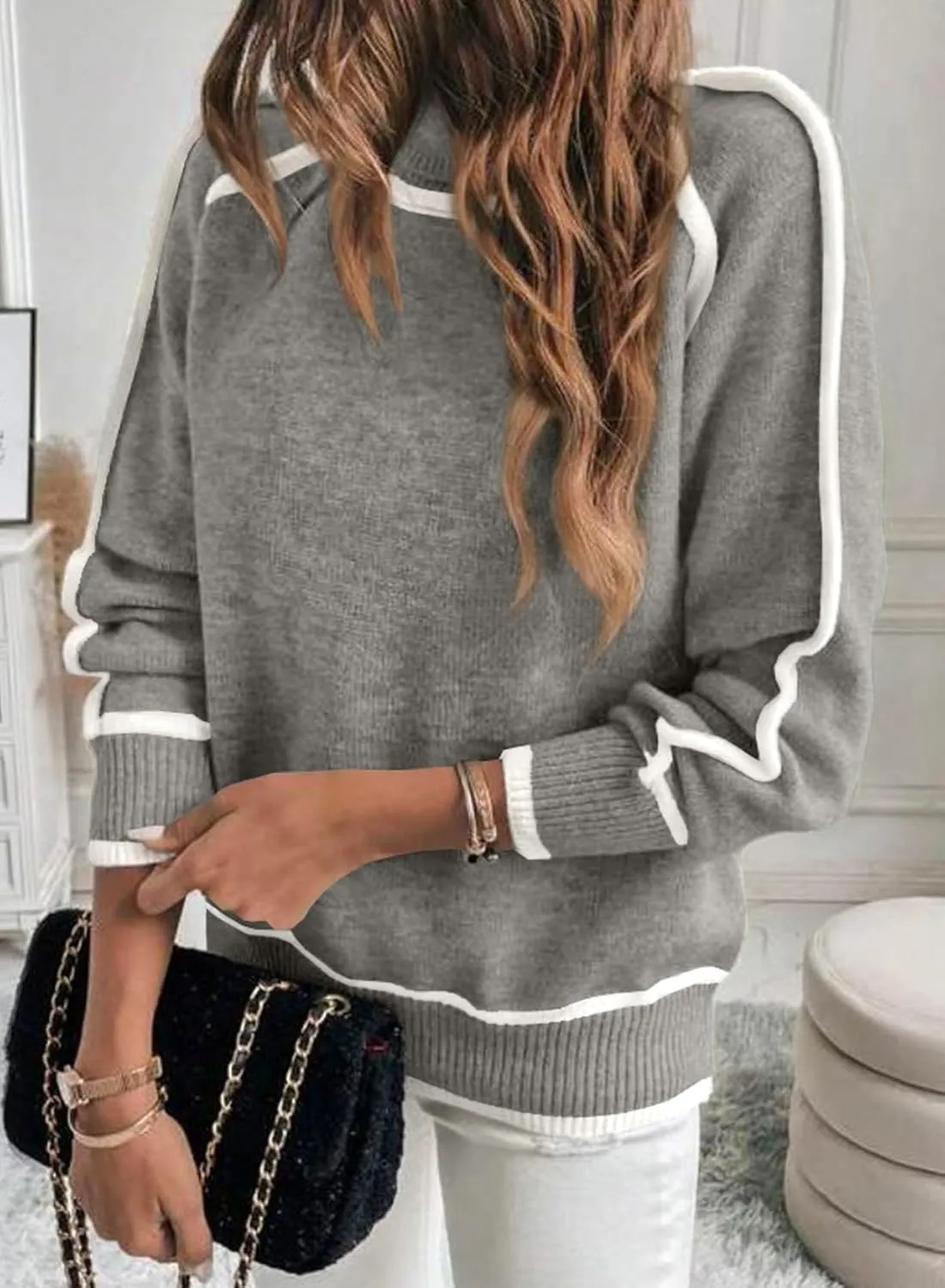 EVALESS Womens Long Sleeve Turtleneck Pullover Sweaters Casual Loose Color Block Cozy Knit Tops