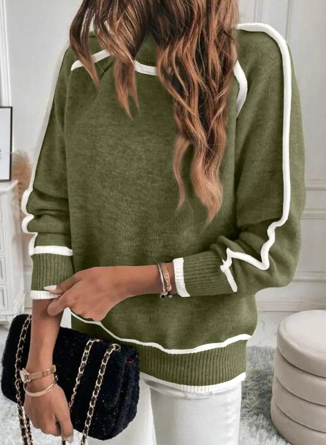 EVALESS Womens Long Sleeve Turtleneck Pullover Sweaters Casual Loose Color Block Cozy Knit Tops