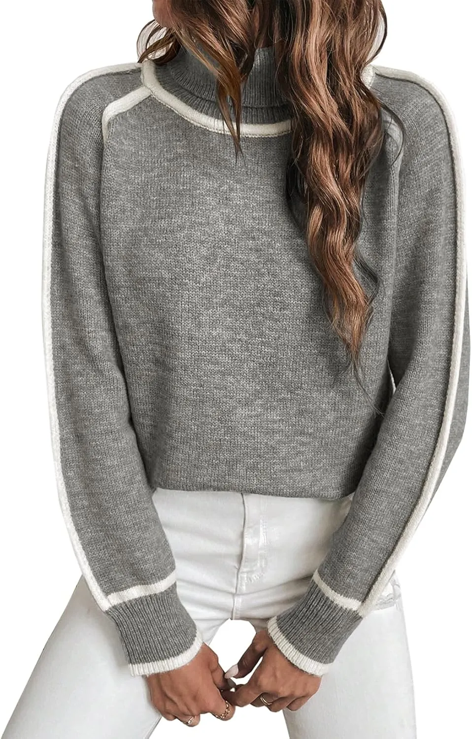 EVALESS Womens Long Sleeve Turtleneck Pullover Sweaters Casual Loose Color Block Cozy Knit Tops