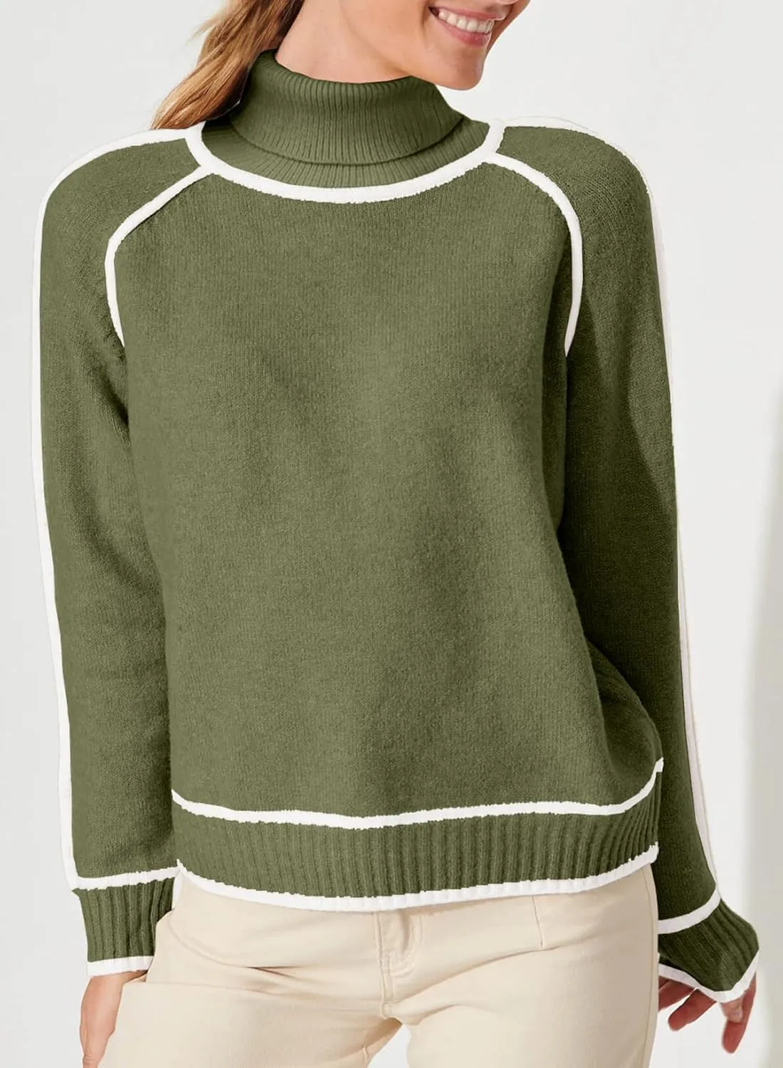 EVALESS Womens Long Sleeve Turtleneck Pullover Sweaters Casual Loose Color Block Cozy Knit Tops
