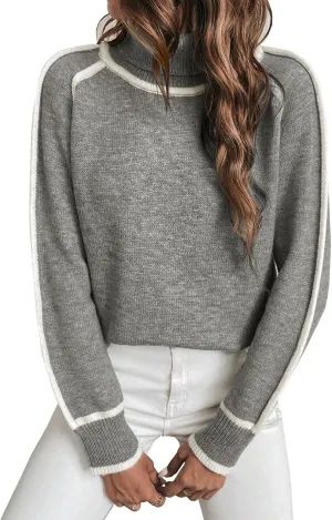 EVALESS Womens Long Sleeve Turtleneck Pullover Sweaters Casual Loose Color Block Cozy Knit Tops