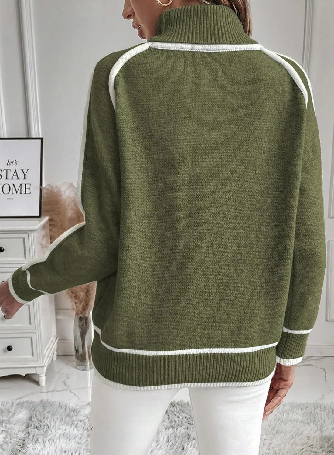 EVALESS Womens Long Sleeve Turtleneck Pullover Sweaters Casual Loose Color Block Cozy Knit Tops