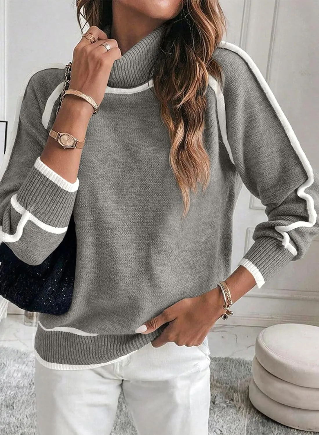 EVALESS Womens Long Sleeve Turtleneck Pullover Sweaters Casual Loose Color Block Cozy Knit Tops