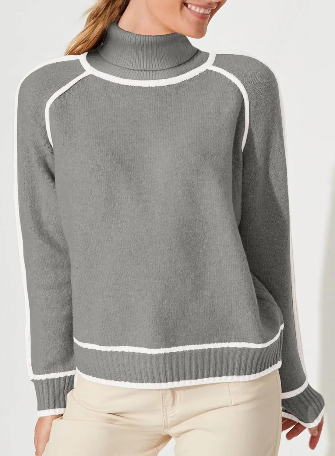 EVALESS Womens Long Sleeve Turtleneck Pullover Sweaters Casual Loose Color Block Cozy Knit Tops