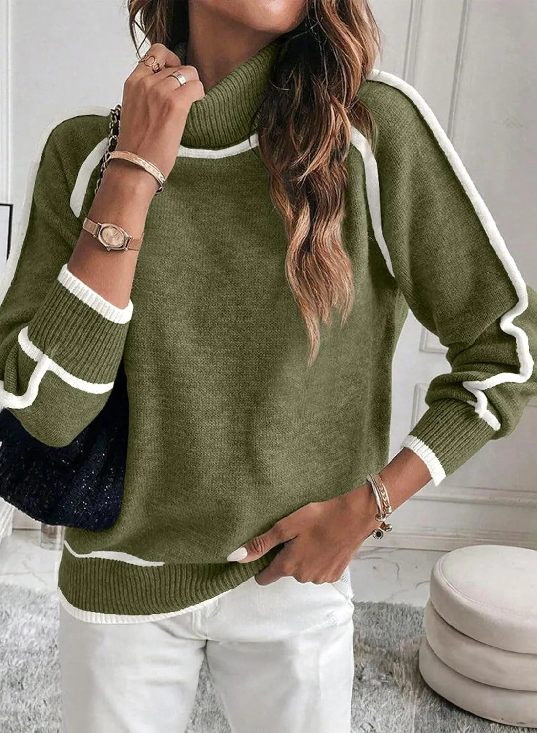 EVALESS Womens Long Sleeve Turtleneck Pullover Sweaters Casual Loose Color Block Cozy Knit Tops