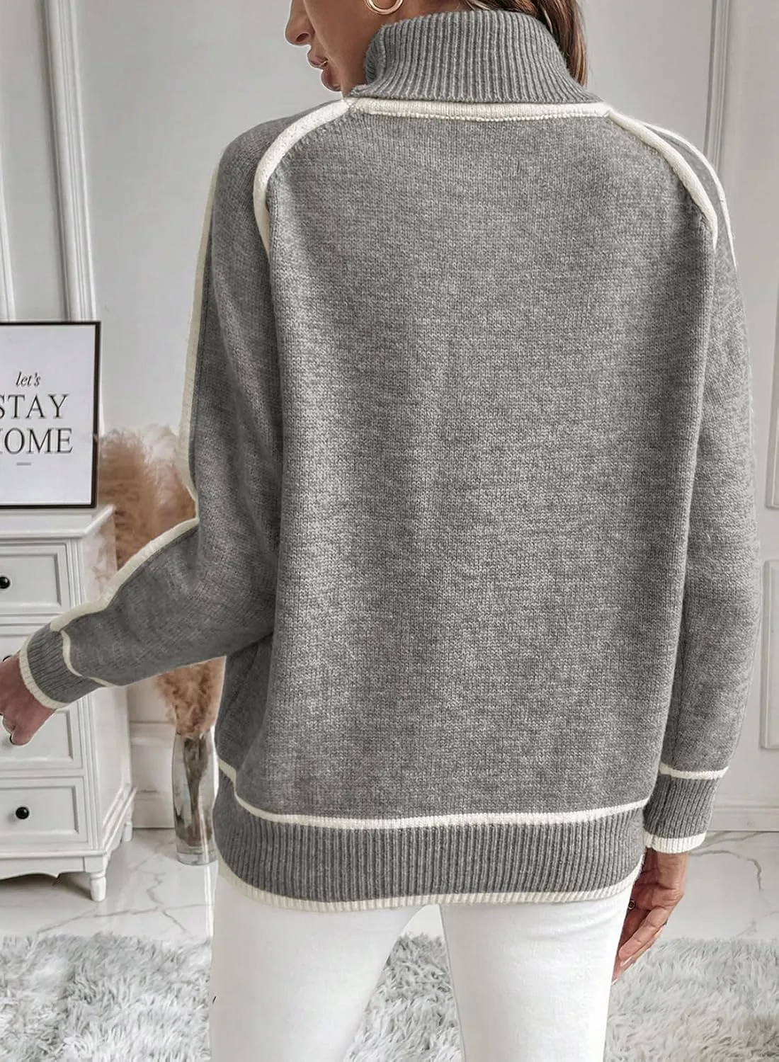 EVALESS Womens Long Sleeve Turtleneck Pullover Sweaters Casual Loose Color Block Cozy Knit Tops