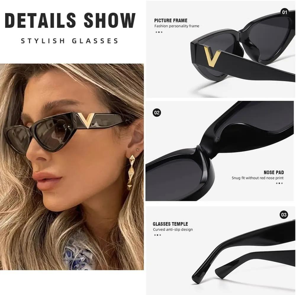 Fashion Cat Eye Sunglasses for Women 90s Retro Trendy Y2K Aesthetic Vintage Small Black Shades 2 Pack