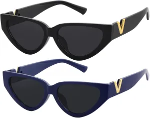 Fashion Cat Eye Sunglasses for Women 90s Retro Trendy Y2K Aesthetic Vintage Small Black Shades 2 Pack
