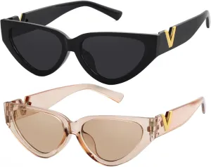 Fashion Cat Eye Sunglasses for Women 90s Retro Trendy Y2K Aesthetic Vintage Small Black Shades 2 Pack