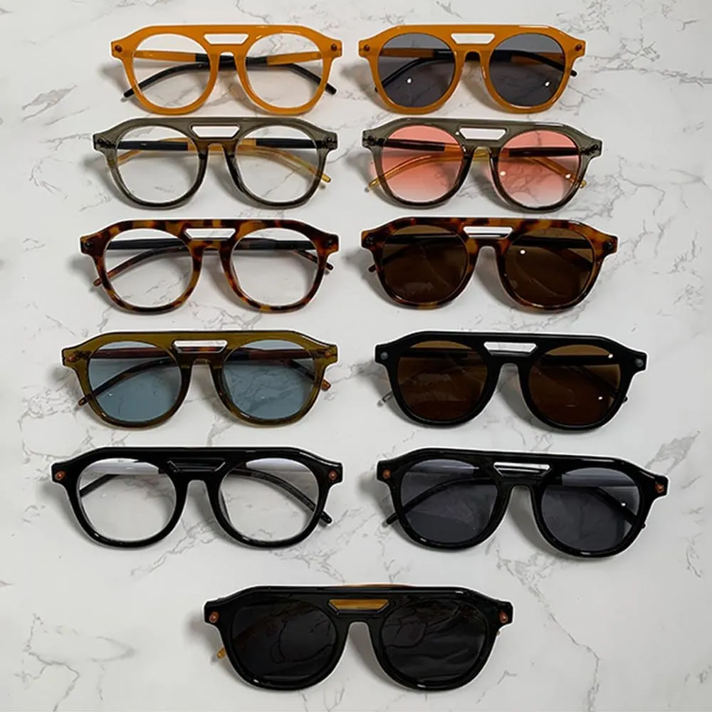 Fashion Double Bridges Women Sunglasses Clear Gradient Lens Shades UV400 Retro Men Rivets Sun Glasses