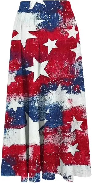 Fashion Independence Day Flowy Long Skirt for Women, Summer High Waist Ruched Casual Skirts Happy Holiday Party Clothes