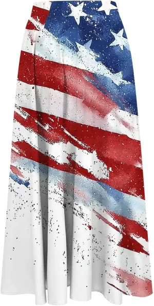 Fashion Independence Day Flowy Long Skirt for Women, Summer High Waist Ruched Casual Skirts Happy Holiday Party Clothes
