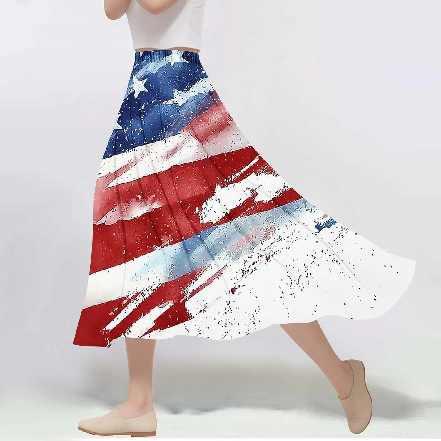 Fashion Independence Day Flowy Long Skirt for Women, Summer High Waist Ruched Casual Skirts Happy Holiday Party Clothes